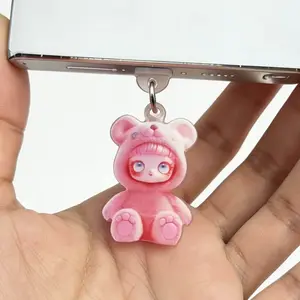 2D Cute Bear Acrylic Phone Dust Plug Charm, Fashion Cartoon Girl Design for iPhone Type-C Android Tablets iPads AirPods Charging Port Decor Gift, Cell Phone Charm, Phone Decoration