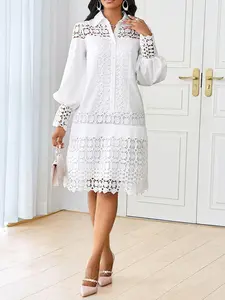 Elegant Lace Patchwork Dress for Women, Spring Summer Long Sleeve Midi Dress, Perfect for St Patrick's Day Party & Office Wear
