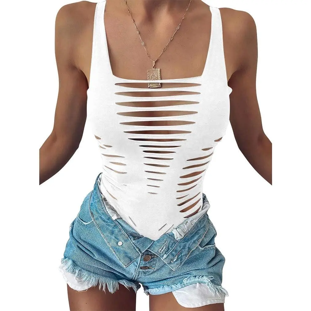 Women's Summer Cut-Out Sleeveless Bodycon Bodysuits - Skin-Baring, Cut-Out Deep-Front, Full-Body, Hollowed-Out, Sexy Style for Party, Clubwear, Skin-Baring Bodysuits, Cut-Out Deep-Front Bodysuits