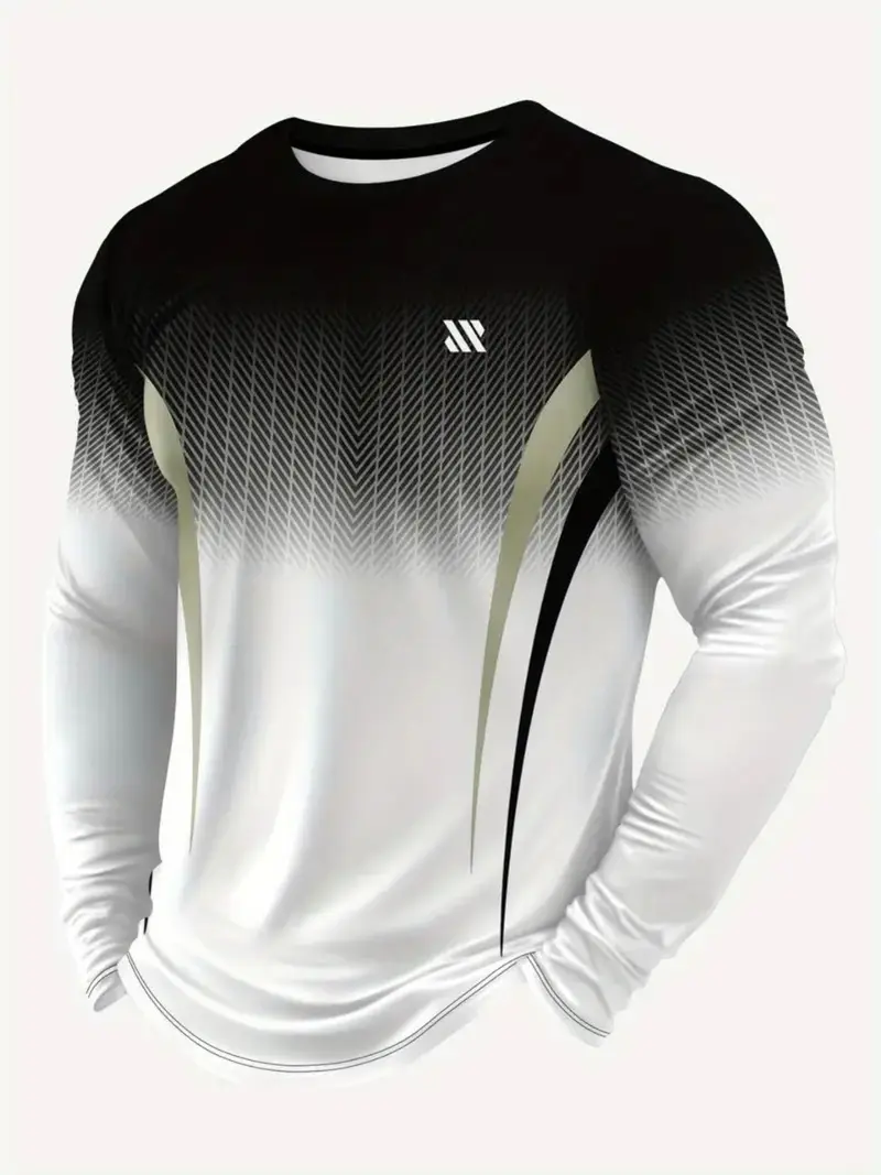 Men's Long Sleeve Gym Training Shirt, Gradient Color, Breathable Fabric, Casual Fitted Design