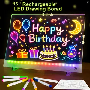 16” Rechargeable LED Drawing Board with 11 Light Modes, Light-Up Acrylic Message Board & DIY Night Light, Includes 8 Line Art Sheets, Stand & Hanging Chain, Neon Dry Erase Board for Kids, Dorm, Office & Store Display