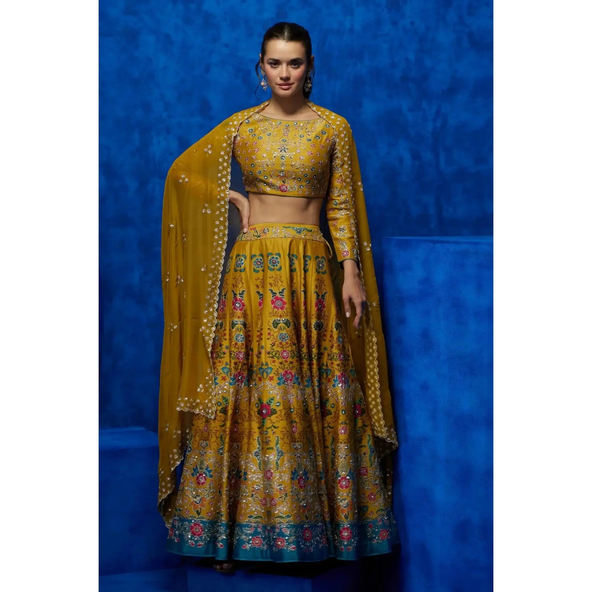 Yellow floral printed lehenga set
