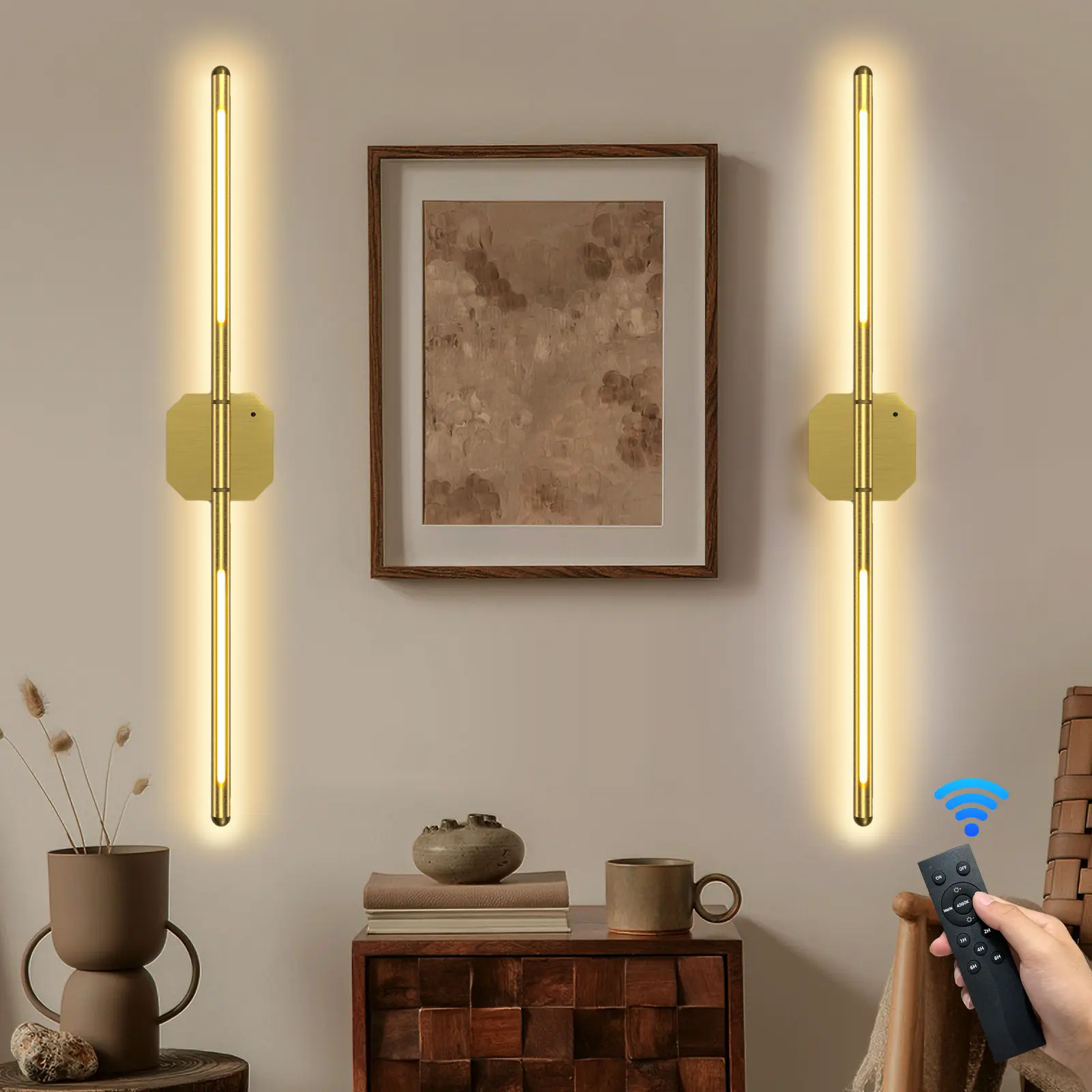 Valentine's Day Gifts GALENTAL Metallic finish Battery Operated Wall Sconce Set of 2, Dimmable Battery Wall Sconce with Remote Control,3000K-6500K LED Wireless Wall Light for Bedroom,Living Room,  Black(2 Pack)