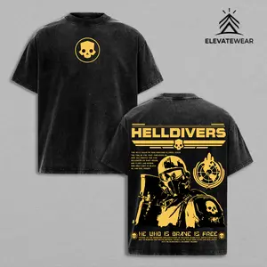 Helldivers 2 'The Galaxy's Last Line of Offence' on Steam Oversize Unisex Washed Hoodie & T-Shirt, Double Printed Streetwear Game Merch Gift For Fan