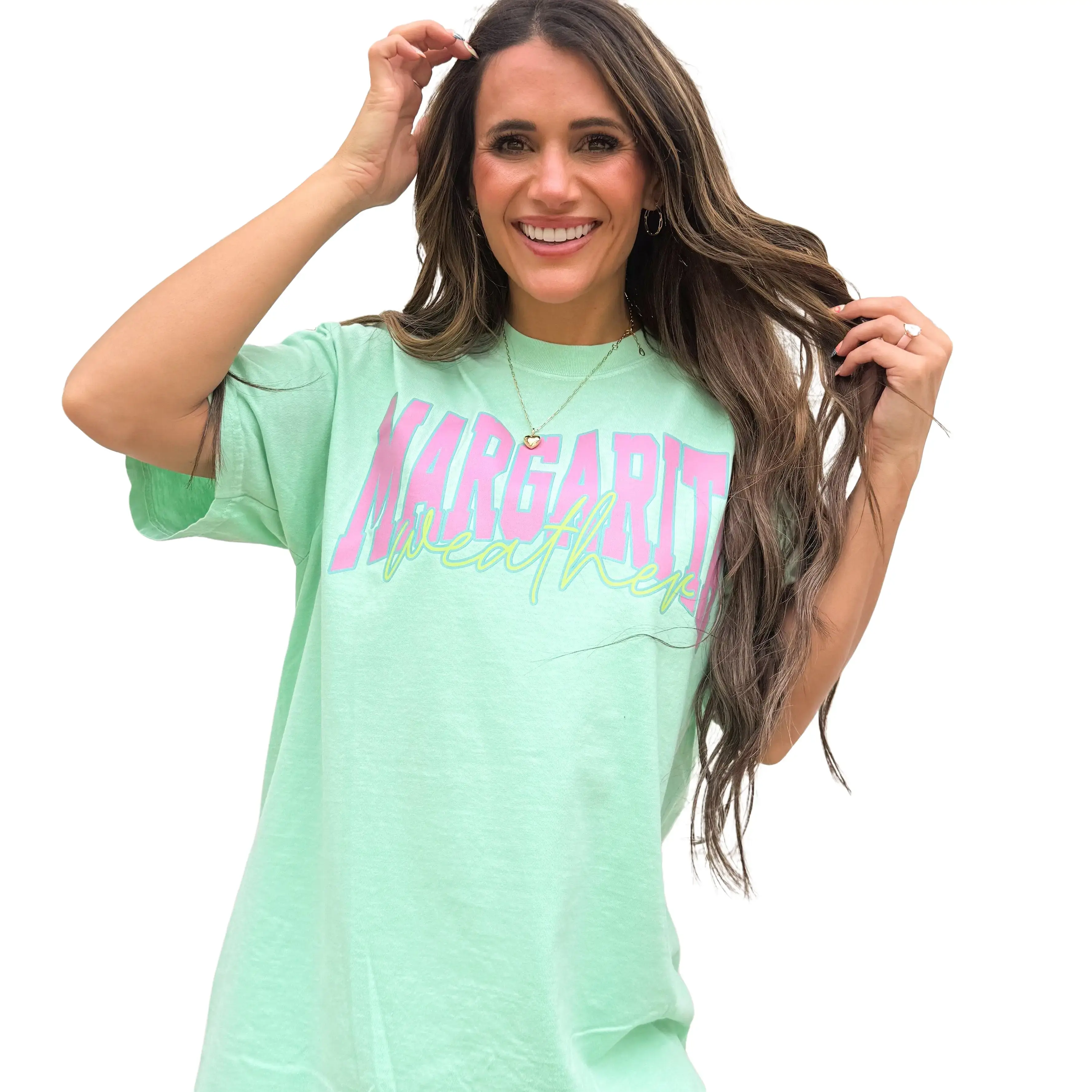 Margarita weather Distressed Varsity, Summer Shirt, Trendy Summer, hot pink, teal, Aesthetic Summertime Distressed T-shirt