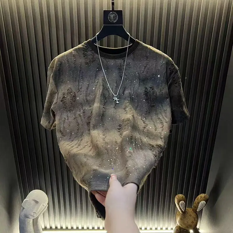Menswear Sequin T-Shirt for Men - Korean Style, Casual Gradient Short-Sleeve Round Neck Summer Top, Shortsleeve