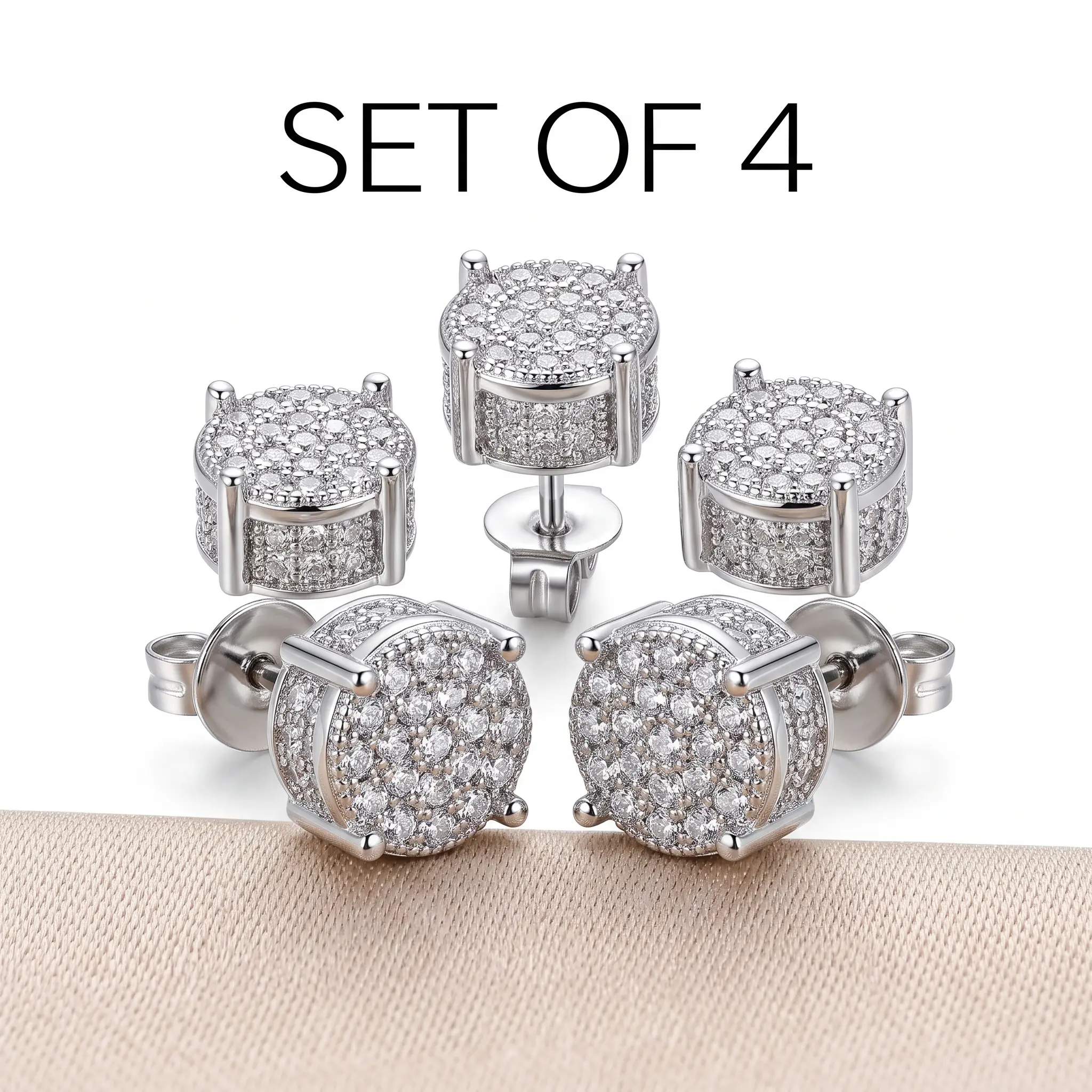Women's 4-Piece Elegant Rhinestone Studs Earrings Set - Iced Out Design, Push Back Clasp, Ideal for Formal Events