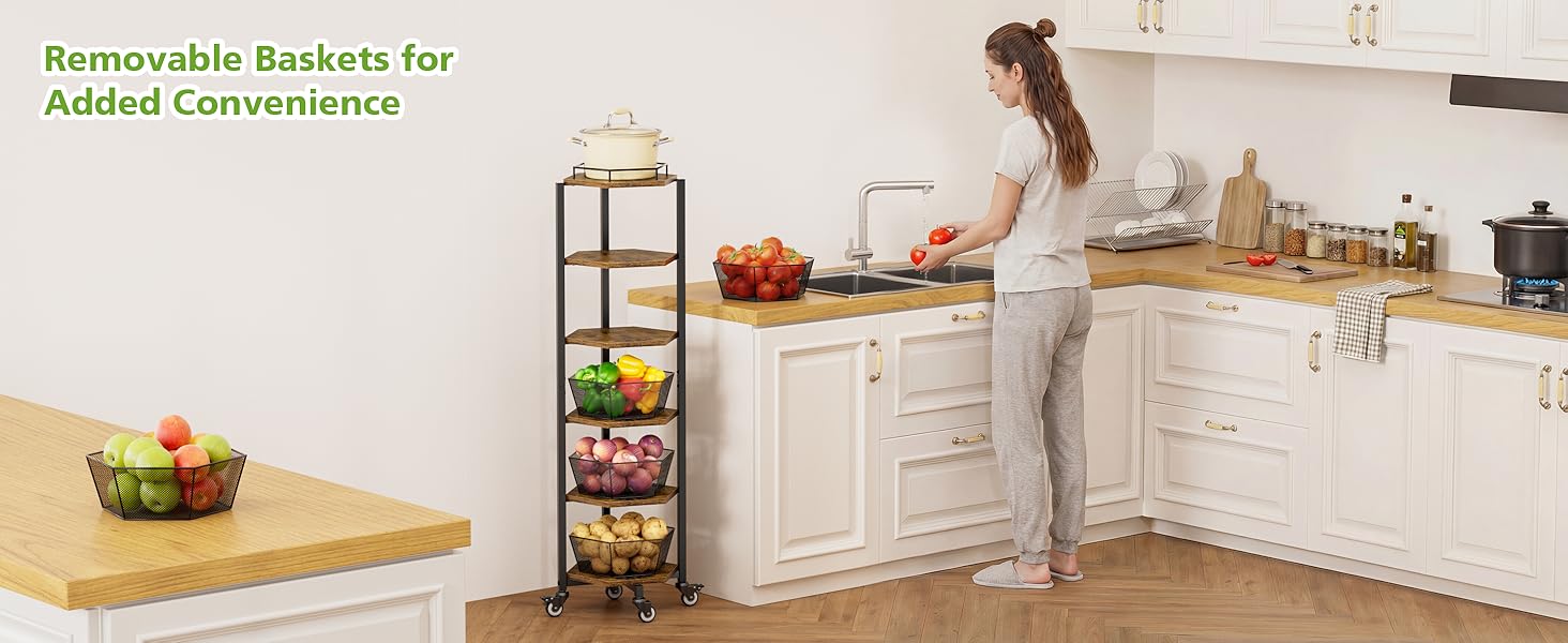 Fruit and Vegetable Storage Basket for Kitchen, 6 Tier Kitchen Cart on Wheels with Storage, Rolling Fruit Basket Stand with 5 Pack Fruit Bowl, Rotating Fruit Organizer Storage Cart for Potato, Onion
