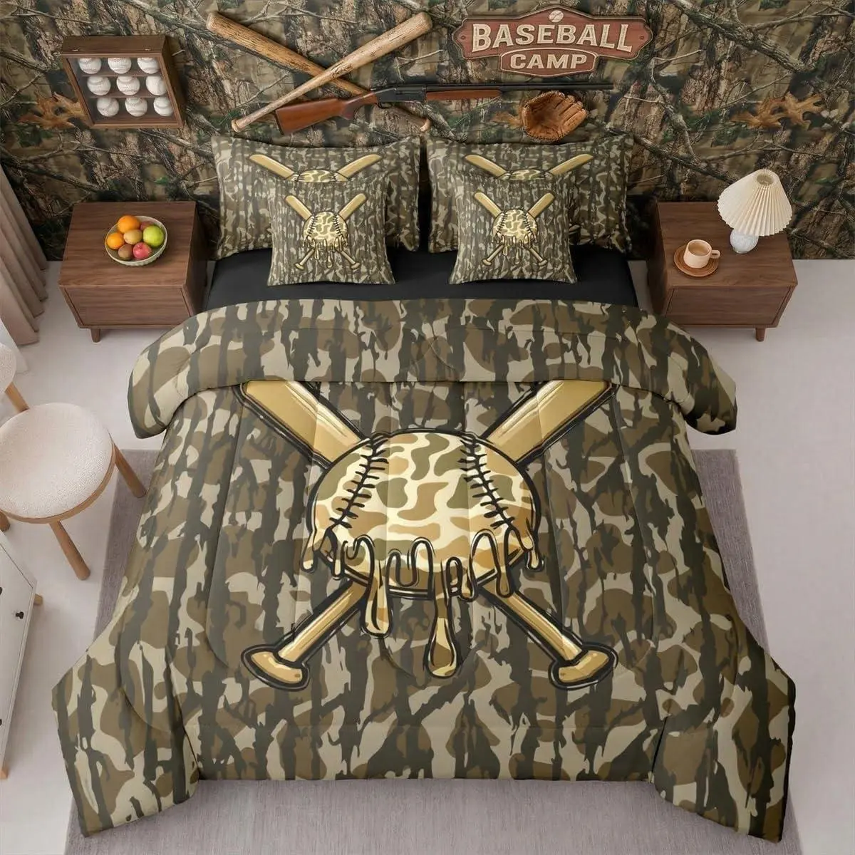 Feelyou 7-Piece Microfiber Camo Pattern Bedding Set - Twin/Full Size Gaming Theme Comforter Set with Sheets, Pillowcases & Cushion Cover (Baseball Military Style)