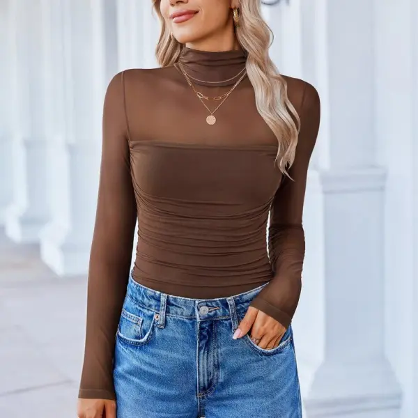 Women's Elegant Feminine Cute Style Turtle Neck Bodysuit - Soft Ruched Mesh Long Sleeves, Seamless Slim-Fit Thong Shapewear Top for Party, Beach Outfits
