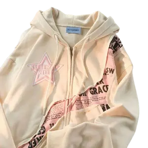 Style Street Star Letter Print Patchwork Cardigan Sweatshirt for Women Sweet Cool Loose Versatile Jacket Women's Drop-Shoulder Thread Print Hoodie