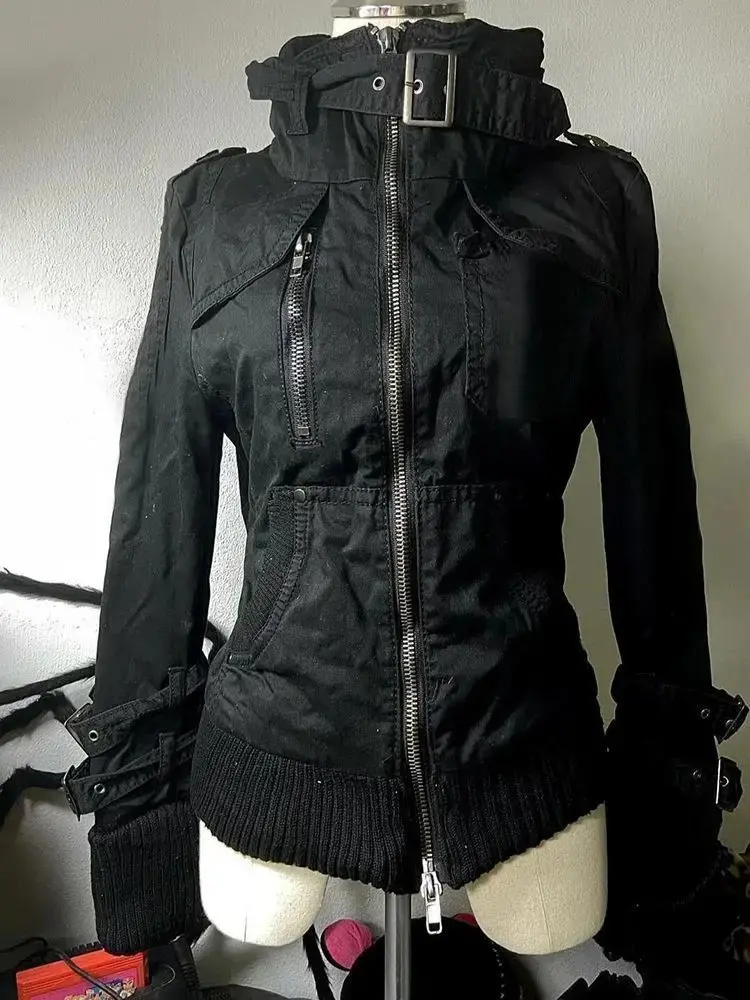 Subculture Harajuku Vintage Safari Coats with Hooded Women Zipper Sweatshirts Casual Streetwear Grunge Jacket Y2k Stand Neck