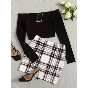 Spring/Summer Knit Fabric Skirt Suit Set - Plaid Pattern, Off the Shoulder Collar, Polyester Blend (95% Polyester, 5% Elastane), Lightweight 180g/m2, Draped Design 2 piece sets women