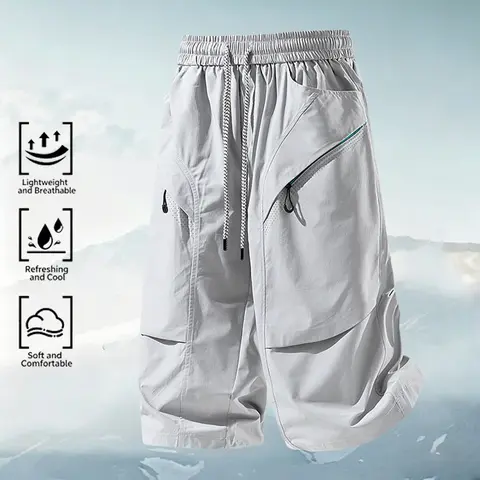 Men's Stylish Baggy Plain Loose 7/8 Athletic Casual Pants - Drawstring Mid Waist, Multiple Anti-Theft Pockets, Comfortable Breathable Moisture-Wicking Fabric, Outdoor Use - Ideal for Summer, Travel (Father's Day Gift)