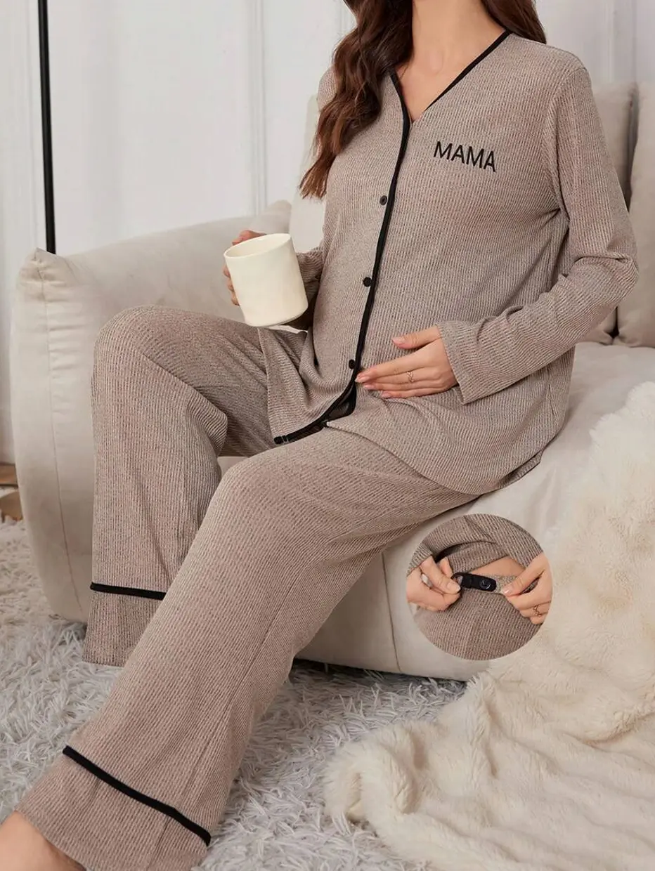 Letter Print V-Neck Long Sleeve Top and Pants Maternity Loungewear Set