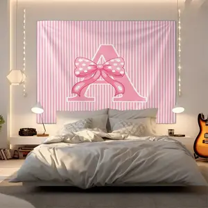 Pink Striped Initial Letter A-Z Tapestry, Cute Polka Dot Bow Aesthetic Tapestries, Coquette Girly Style Wall Hanging, Versatile Backdrop Decor for Bedroom, Living Room, Dorm, Photo Background, Great Gift for Teen Girls