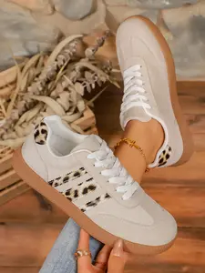 Women's Leopard Pattern Flat Sneakers, Casual PU Leather Low Top Shoes, All Season Sporty & Comfortable Footwear