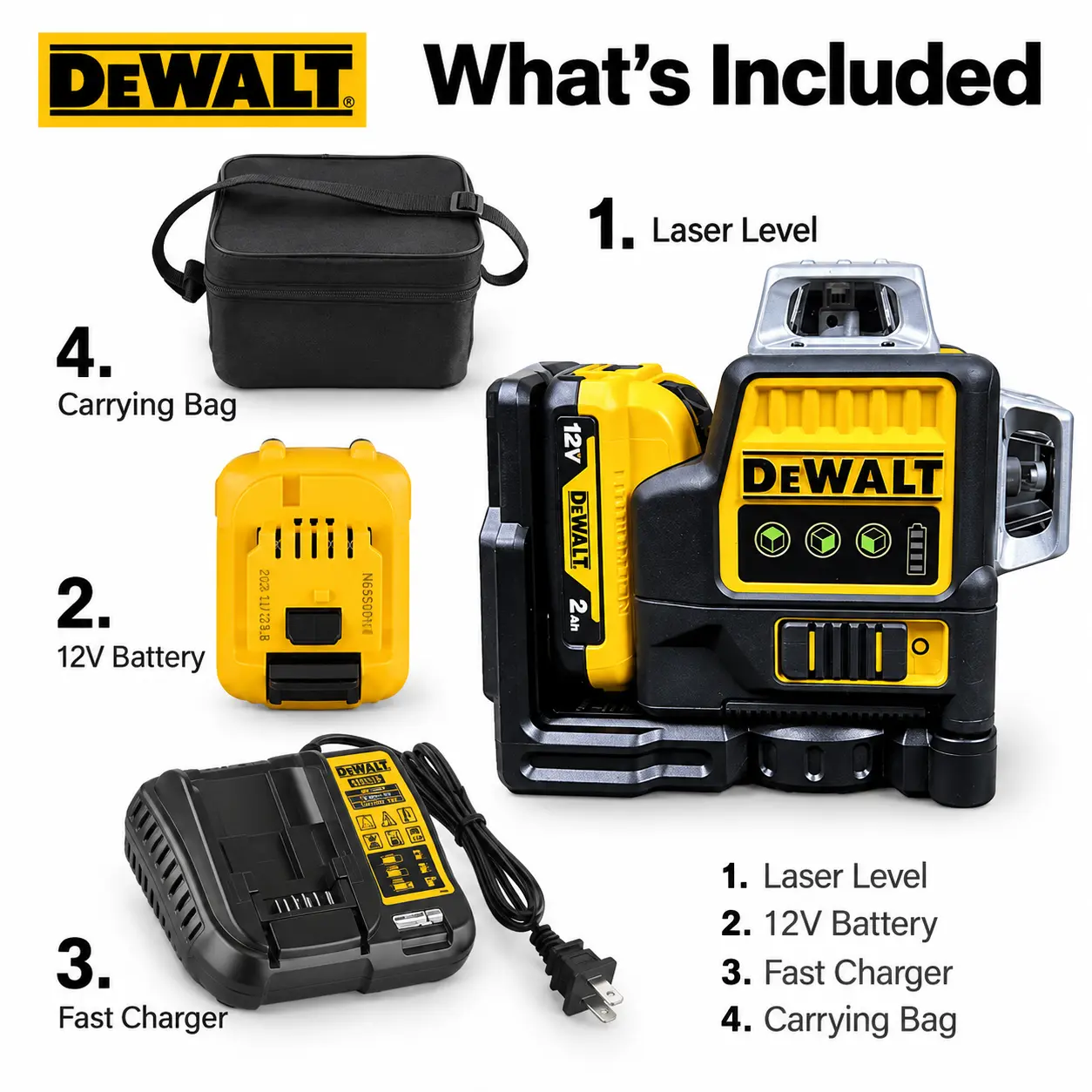 DEWALT DCF089 3×360° Green Line Laser Level Kit with 12V MAX Battery and Charger, Cordless Self Leveling Laser Tool for Construction, Drywall Installation, Ceiling Layout, Tile Alignment and Interior Remodeling with Magnetic Mount and Carrying Case