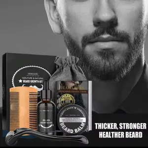 Men's 5-Piece Beard Barba Grooming Set with Beard Growth Oil, Thicker Mustache Grooming Oil, Comfort Care Oil & Bag