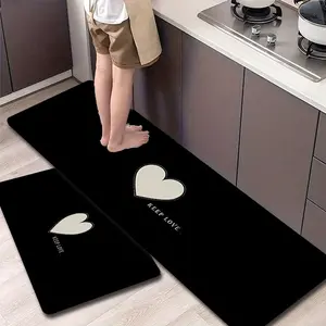 Flannel Kitchen Mat Set, Bottom Light Heart Design, Non-Slip, Absorbent, Home Decor for Kitchen, Bathroom, Laundry Room, Fluffy Rug, Washable Kitchen Rugs