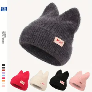 Candy Color Cat Beanie With Ears Lightweight Elastic Skull Cap Trendy Elastic Beanies Warm Knit Hats For Women Autumn & Winter