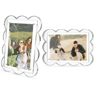2 Pack 5x7 Acrylic Frame, Clear Magnetic Picture Frames, Scalloped Lucite Plexiglas Floating Photo Frame for Tabletop Vertical and Horizontal Display