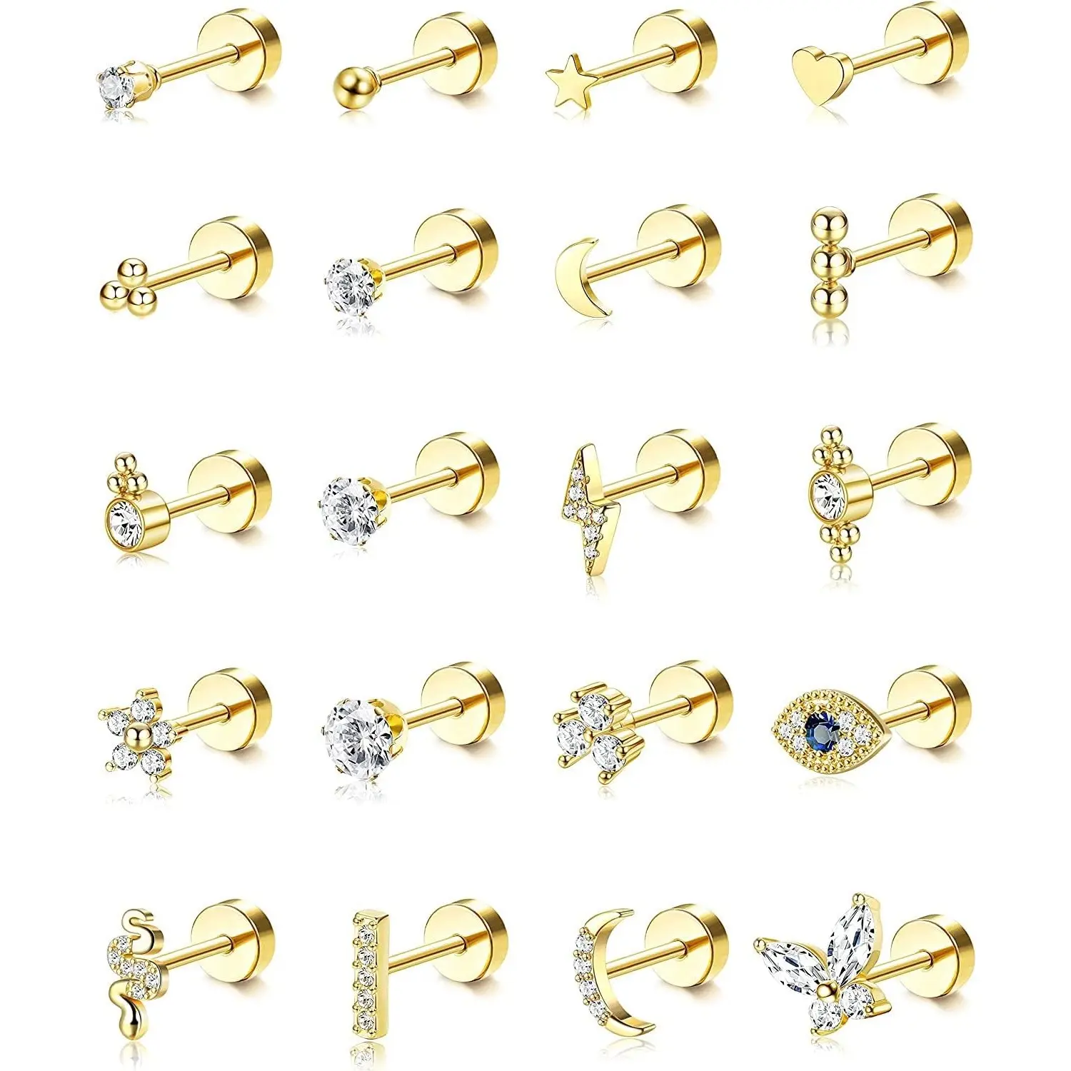 CASSIECA 20Pcs 20G Unisex Anti-Rust Stainless Steel Ear Studs, Hypoallergenic Earring Stacking Set with Cubic Zirconia - Tiny Screwback & Flat Back Designs: Cartilage, Snake, Star, Moon, Ball, Butterfly, Heart, Eye, Flower Jewelry