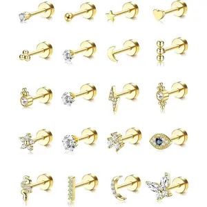 CASSIECA 20Pcs Stainless Steel Stud Earrings for Women Men 20G Tiny Cartilage Small Snake Star Moon Ball Butterfly Heart Eye Flower Screwback Flat Back