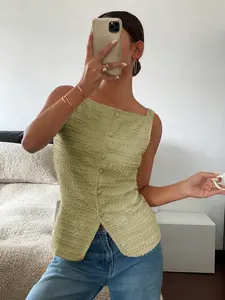 Trendy Wave Pattern Sleeveless Tank Top, Asymmetrical Hem, Casual Summer Fashion, Fitted Style, Solid Color, No Collar, Button Detail, Made in China