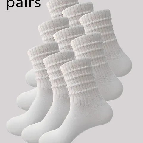 Women's 9-Pair Basic White Breathable Plain All-Seasons Assortment Set Mid-Calf Knit Crew Socks for Adults, Above-Ankle Comfy Stylish Slouch Leg Warmers for Daily Outdoor Wear