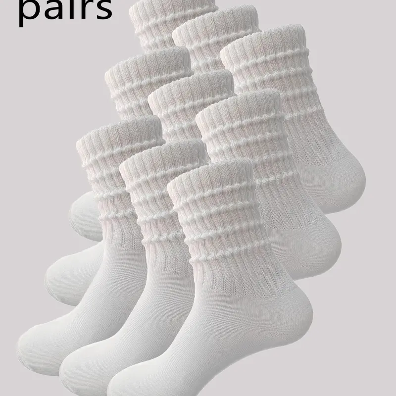 Women's 9-Pair Basic White Breathable Plain All-Seasons Assortment Set Mid-Calf Knit Crew Socks for Adults, Above-Ankle Comfy Stylish Slouch Leg Warmers for Daily Outdoor Wear