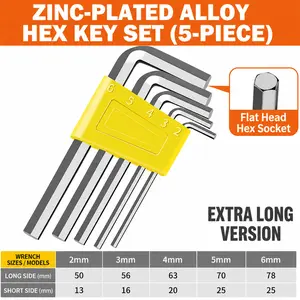 5PCS Allen Hex Key Set 2-6mm  Extra Long Zinc-Plated Alloy Wrench Tool Kit | Anti-Rust Flat Head Hex Keys for Home & Mechanical Repair