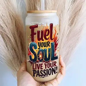 16oz Covered Straw Glass Drinking Cup,Reusable Glass Drinking Cup,High-Quality Glass Jar Design,Printed with"Fuel your SOUL LIVE YOUR PASSION!"Slogan and Decorative Flame&Star Patterns,Suitable for Iced Coffee,Beer,Juice,Fashionable Glassware.