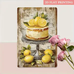 2D Flat - Vintage Lemon Cake Metal Wall Art Sign - 20.32x30.48 cm Artistic Rustic Farmhouse Decor with Realistic Lemons & Lime Leaves, Perfect for Living Room, Bedroom, Office, Porch, or Gallery Wall, Housewarming Gift Idea, Lemon Kitchen Decor