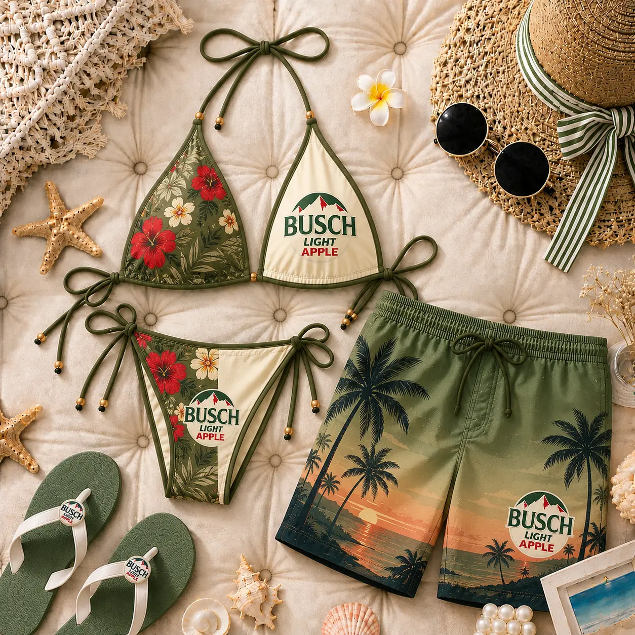 Busch Light Apple Couple Swimwear, Women's Sexy Triangle Bikini Set with Men's Beach Shorts, Hawaiian Summer Pool Party Vacation Outfit