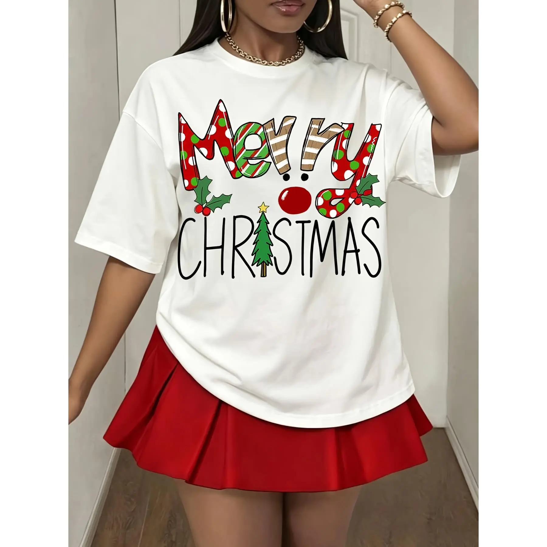 Women's Breathable Casual Christmas Essential T-Shirt - Funny Reindeer Graphic, Red Pleated Holiday Party Top, Flat