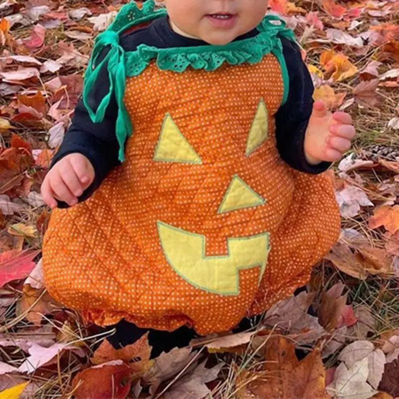 Baby Halloween Costume, Cartoon Pumpkin Face Print Tie-Up Sleeveless Cosplay Romper Clothes