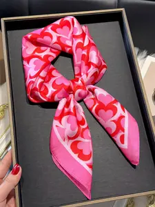 Women's Elegant Heart Print Square Scarf, Casual Soft Comfortable Shawl for Daily Wear, Fashion Accessories for Women & Girls