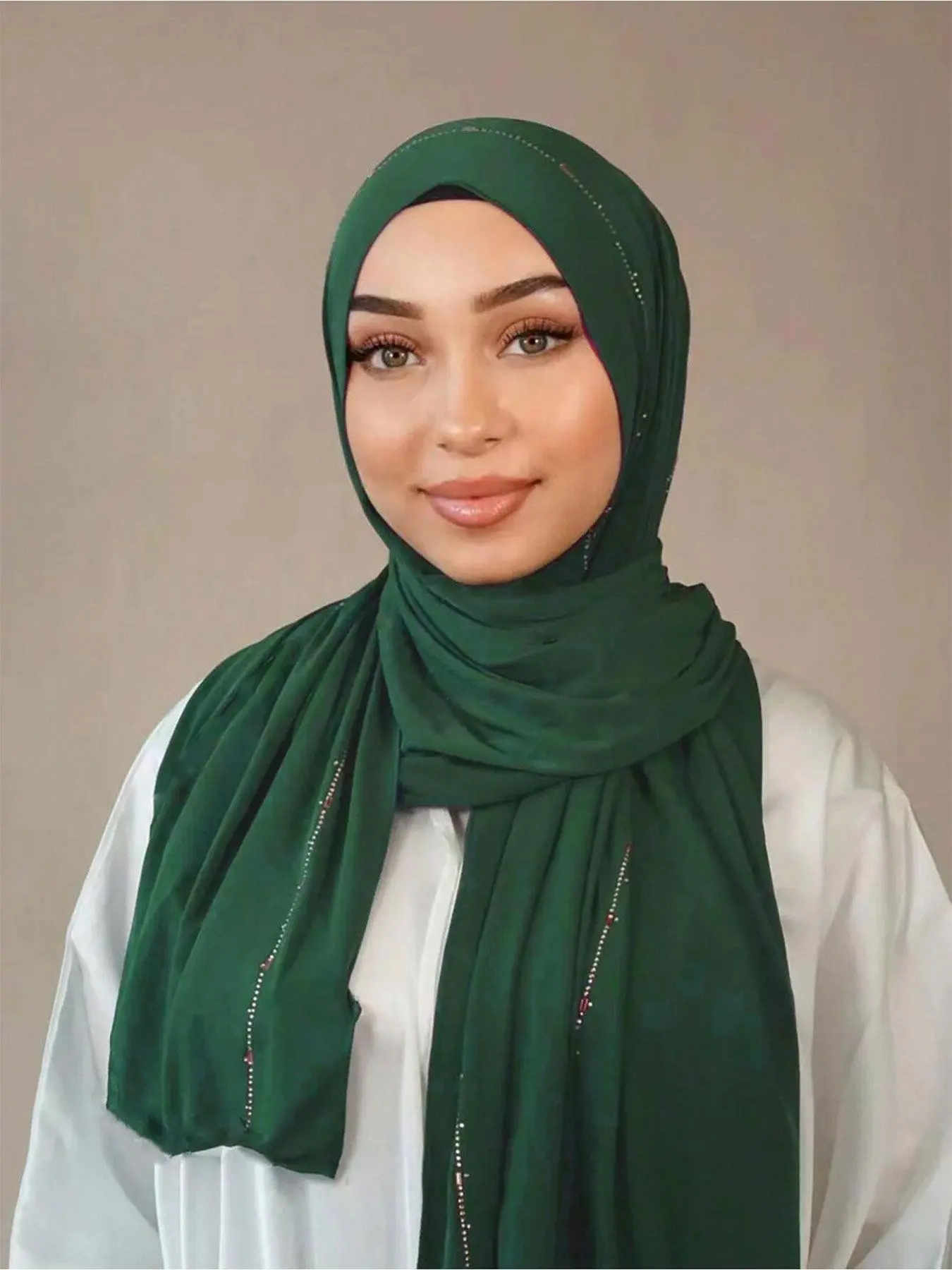 Women's Plain Knit Soft Headscarf, Rhinestone Decor, Arabic Style Long Scarf, Muslim Women's Simple Color Design, Hijabs, All Seasons Wear