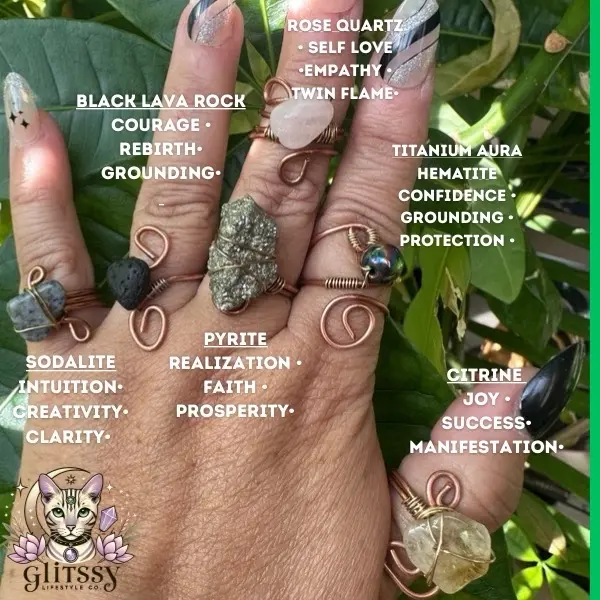 Glitssy Handcrafted Vibe High Copper Rings with Hand Wrapped Stones Citrine Titanium Aura Hematite Rose Quartz Pyrite Black Lava Rock Sodalite Copper Jewelry