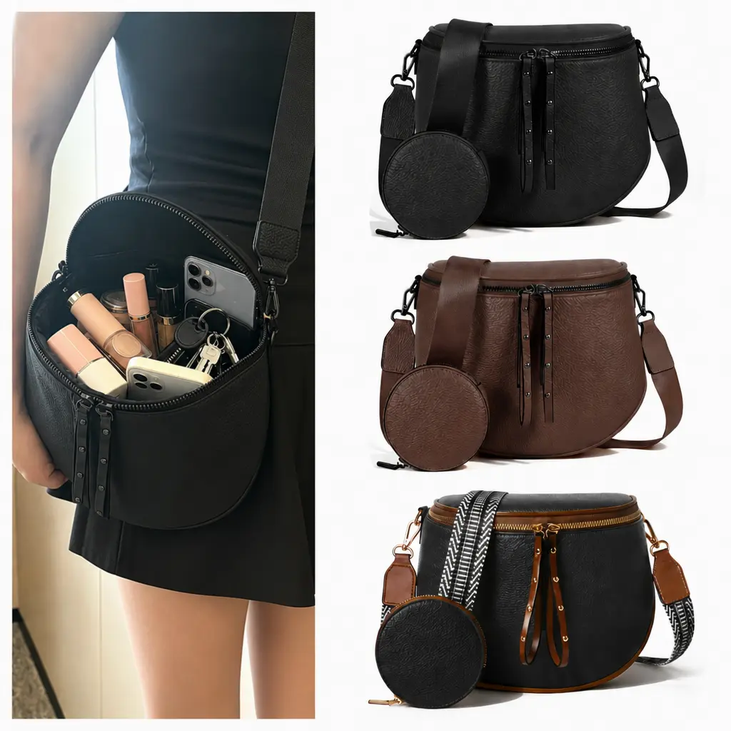 【US】Leather Crossbody Bag for Women Shoulder Purse Saddle Sling Bag with Coin Pouch Waterproof Large Capacity Adjustable Strap Travel Everyday Outings