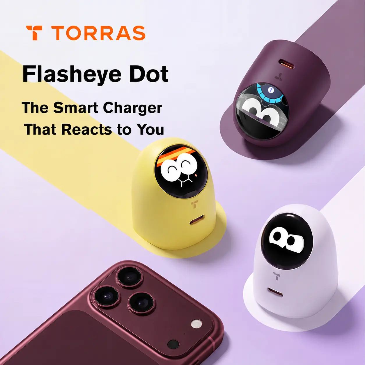 TORRAS Flasheye Dot Smart Display Charger 45W USB-C PD Fast Charger with Interactive Screen, Device Recognition, Battery Status Display, for iPhone 18 17 16 15 14 Pro Max, iPad, MacBook, Compact Desk Charger with Foldable Plug, BackToSchool