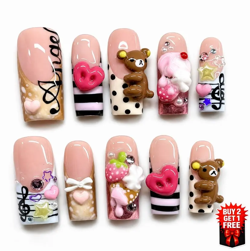 [BUY 2 GET 1 FREE] Angel Bear Heart 3D Press On Nails, Handmade Fall Strawberry Cake Nails | Pastel Pink French Tip False Nails with Nail Kit Trending Nails Inspo, Party Holiday Nails