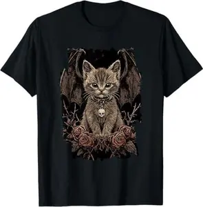 Mystic Cat with Skull Pendant - Gothic T-Shirt