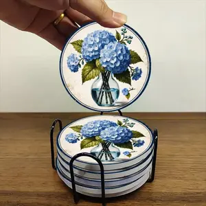 6-piece ceramic coaster set, featuring a vintage blue hydrangea design on a glass vase. These heat-resistant, non-slip coasters with stands are perfect for home decor, dining, and as beverage mats.