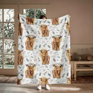 Highland Cow Calf Flannel Throw Blanket, Watercolor Mom Baby Cow Floral Wreath Pattern Soft Warm Cozy Nap Blanket for Couch Bed Sofa  Nursery, Farmhouse Gift for Cow Lover Her Mom Friend, Birthday Christmas Mother's Day Holiday Gift