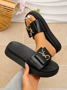 Women's Thick Sole Sandals, Summer Indoor Outdoor Fashion, PU Leather, Rubber Sole, Plain Pattern, Trendy Slippers, Beach Shoes