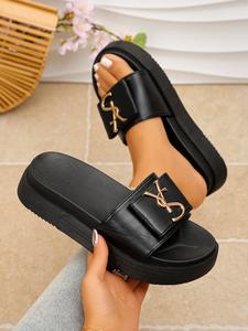 Women's Thick Sole Sandals, Summer Indoor Outdoor Fashion, PU Leather, Rubber Sole, Plain Pattern, Trendy Slippers, Beach Shoes