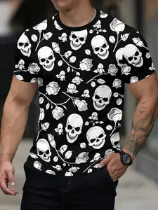 Skull & Rose Pattern T-Shirt, Gothic Romantic Casual Top, Fitted Long Sleeve, Print Design, Women's Fashion Clothing