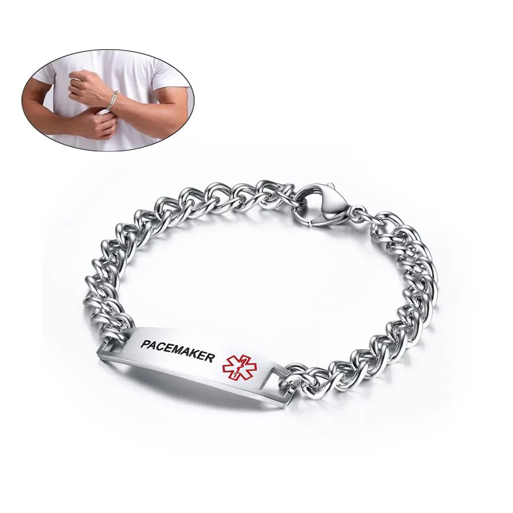 OIDEA Medical Alert Bracelet for Men Women, Stainless Steel Curved Bar Engraved Pacemaker Diabetes ID Wristband
